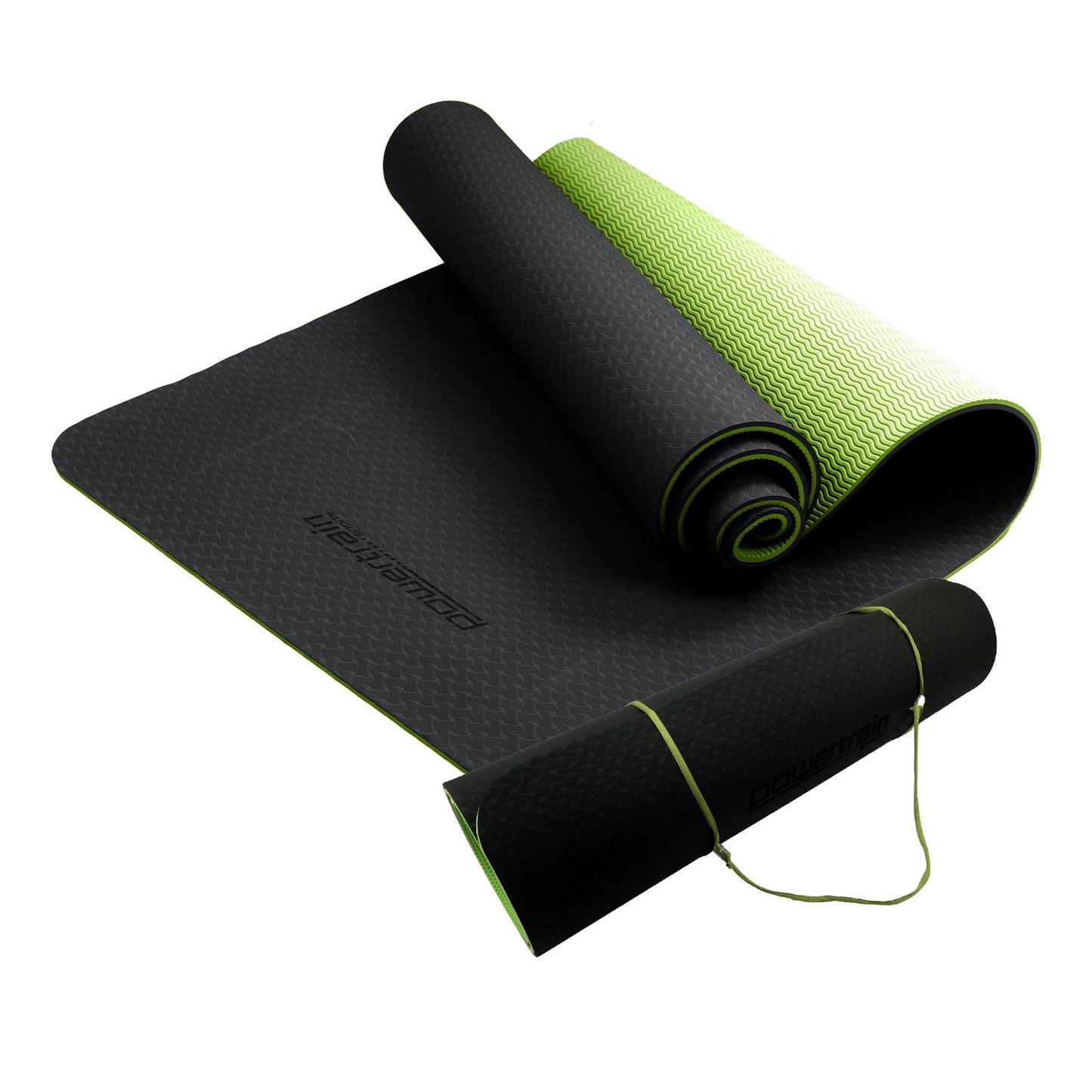 Powertrain Eco-Friendly Dual Layer 8mm Yoga Mat | Black Green | Non-Slip Surface and Carry Strap for Ultimate Comfort and Portability