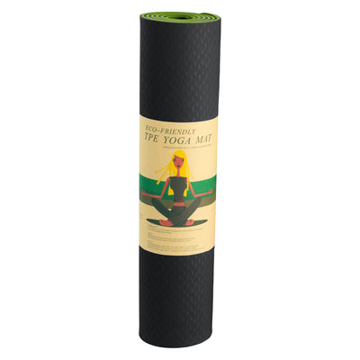 Powertrain Eco-Friendly Dual Layer 8mm Yoga Mat | Black Green | Non-Slip Surface and Carry Strap for Ultimate Comfort and Portability